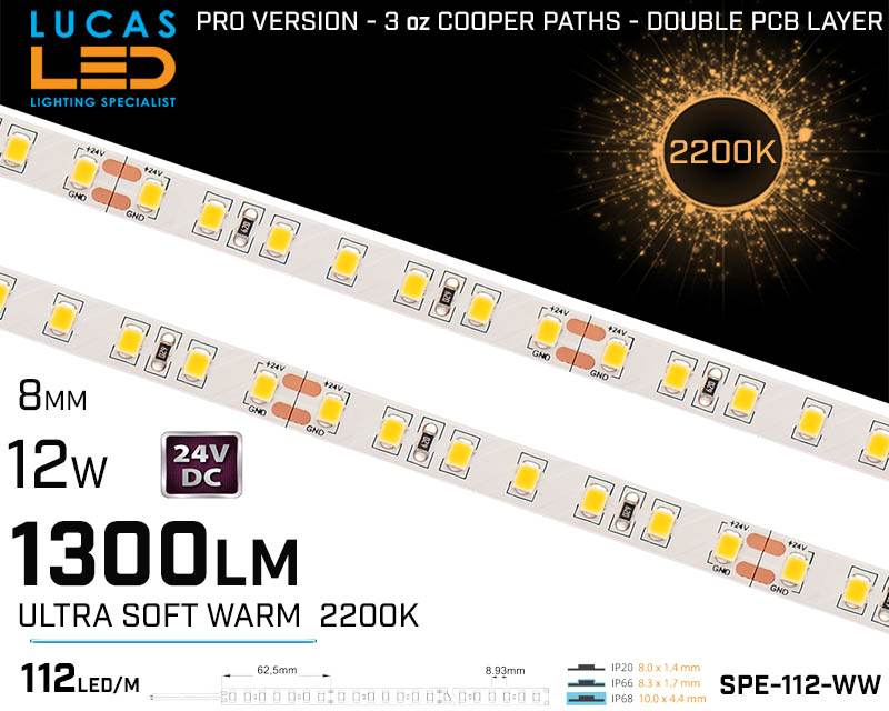 LED Strip Ultra Soft Warm White • 112 LED/m • 24V • 12W • 2200K • IP20 • 1300lm • 8mm •3oz Cooper paths PRO Version