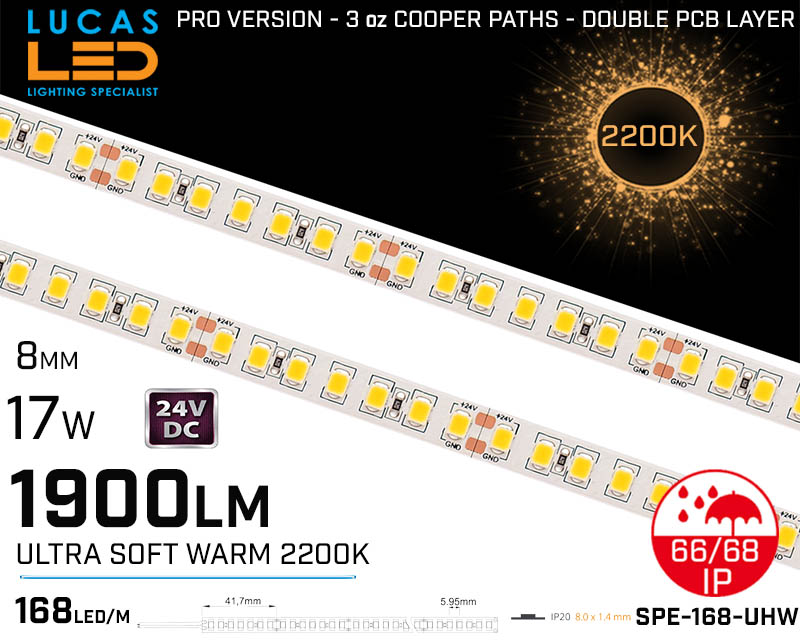 Outdoor LED Strip Ultra Soft Warm • Ultra High Bright • 168 LED/m • 24V • 17W • 2200K • IP66 • 1900lm • 10mm •3oz Cooper paths PRO Version • Waterproof